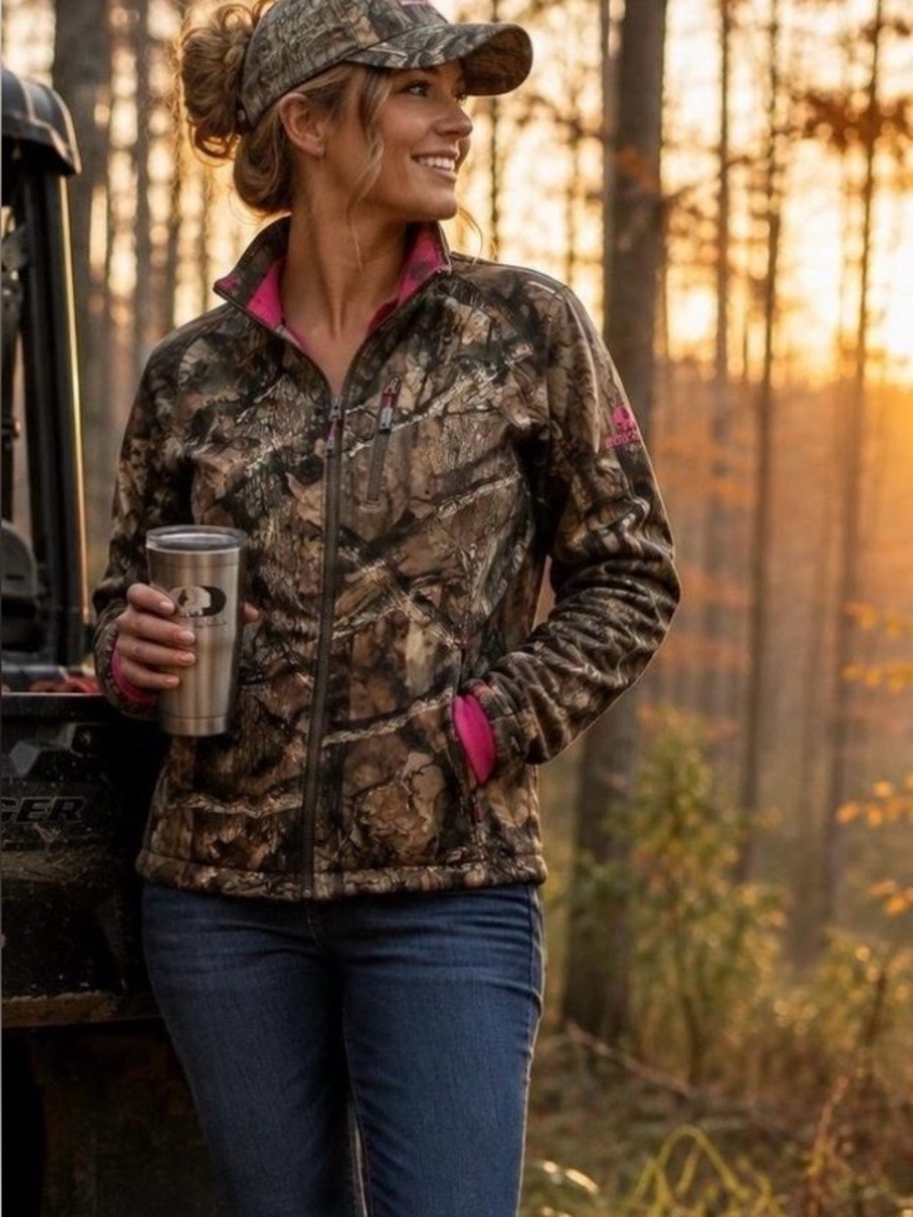 Women's Mossy Oak Camo Fleece Jacket with Pink Trim